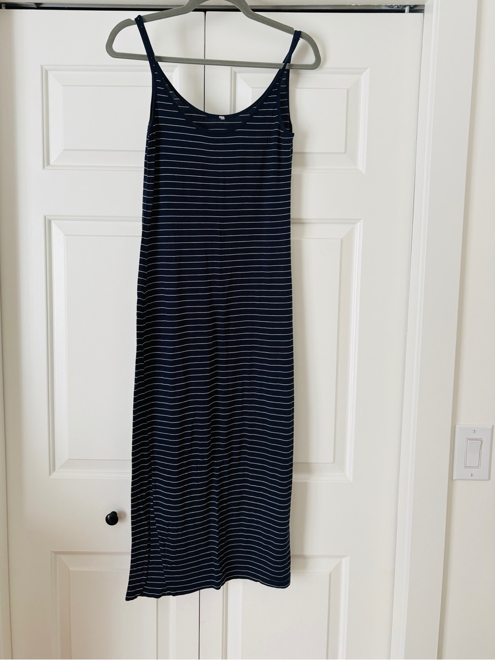 Navy Striped Slip Dress with Thin White Stripes
